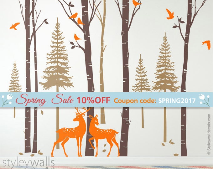 Forest Trees Wall Decal, Birch Trees with Deers and Birds Wall Decal, Pine Trees Wall Decal, Winter Trees Wall Decal for Living Room Decor