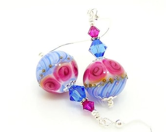 Pink Blue Earrings, Lampwork Earrings, Glass Earrings, Glass Bead Earrings, Beadwork Earrings, Floral Earrings, Glass Bead Jewelry
