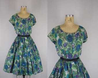 1950s Vintage Dress / 50s Painterly Blossoms Floral Cotton Dress