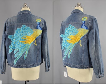 Vintage Style Denim Jacket with Aqua Blue Peacock Embroidery / Embroidered Jean Jacket / Size Large L