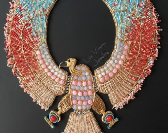 Vulturess - Egyptian Vulture Necklace -CUSTOM Made to ORDER- Bead Embroidered Statement Necklace, Gemstone Egyptian Jewelry