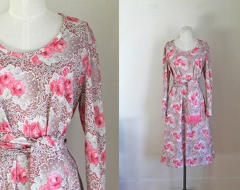 vintage 1970s floral dress - FLOWERING PLUM fringe belted jersey dress / L-Xl