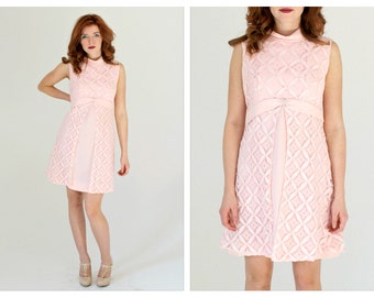 Pastel Pink 60s Babydoll Dress- S/M, Empire Waist, Waffle Lace Overlay, Rhinestone Buckle, Cute