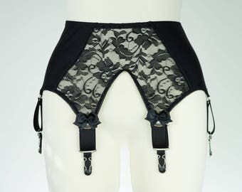 Black or White THELMA Lace Deep V Style Suspender Belt Garter Belt - Size XS-4XL