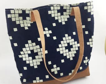 Reserved Listing: Canvas Bag/Canvas Leather Tote/Leather Straps/Southwest Pattern/Boho Bag/Canvas