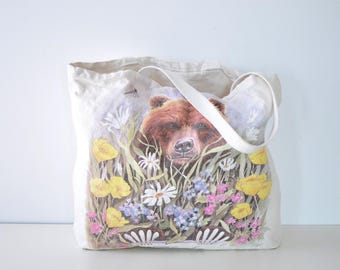 Alaska Bear Canvas Tote Bag • 90s Bag • Cotton Tote Bag • Vintage Canvas Bag • Large Tote Bag • Vintage Tote Bag • Bear Print Purse| B610