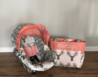 2pc Fawn in the Tulip stag deer fabric gray arrows & Coral carseat cover with minky dot strap covers and Diaper Bag monogrammed