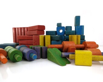 Vintage Wooden Toy Building Blocks, Set of 89