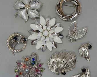 7 Silver Tone Brooch Destash Lot Sarah Coventry - Christian Dior OAW21