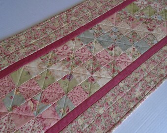 Quilted Table Runner with Roses and Flowers, Patchwork Floral Quilted Table Topper, Feminine Table Quilt, Pastel Quilted Dresser Scarf Quilt