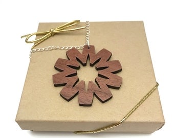 Walnut Wood Starburst Necklace, Laser Cut Necklace, Silver Chain