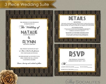 Art Deco Wedding Invitation Suite | 1920s, Swing, Black and Gold, Gold Foil Look | Invitation, RSVP, Details | INSTANT DOWNLOAD