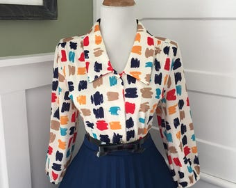 Reserved NFS Vintage 1950s 1960s Atomic Novelty Red Blue & Beige 3/4 Length Sleeve Button Down Blouse Top