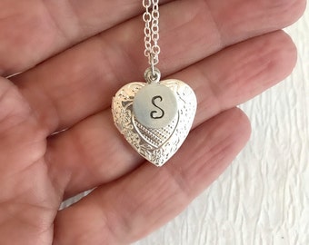 Personalized Heart Locket Necklace, small silver initial stamped custom embossed pendant bridesmaid anniversary romantic gift gifts for her