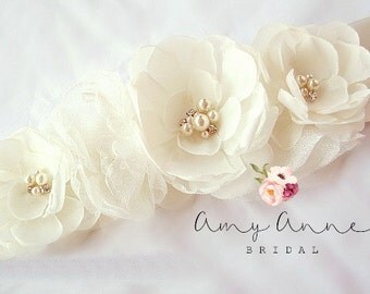 Ivory Wedding Sash, Bridal Sash, Ivory Floral Bridal Sash, Ivory Chiffon Bridal Belt, Wedding Sash - Amsale Inspired Ivory Bridal Sash