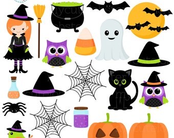 Halloween Clipart Set - clip art set of witch, cat, halloween items, spiders, bats - personal use, small commercial use, instant download