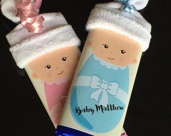 Baby Beanie Candy Bar Wrappers, Baby Shower personalized party favors, Gender Reveal, Baby Girl Sock Favor, Baby Boy announcement Set of 20