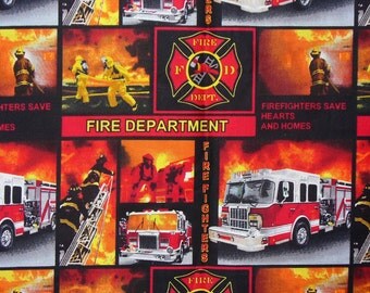 Fireman Collage, Fire Fighter, Firemen Fabric, America's Heroes, By the Yard, Cotton Fabric