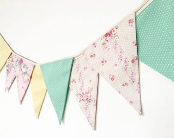Spring Pastel Fabric Banners, Bunting, Garland, Wedding Bunting, Flags (pink, mint, yellow) - 3 yards