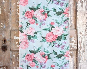 Cottage Chic Peachy Pink Cabbage Rose Vintage Robins Egg Blue Drapery Panel