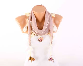 Summer scarf boho fringed oya scarf , guipure scarf, ,tan