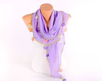 Turkish oya scarf , turkish yemeni , summer scarf with hand crocheted lace circles and tassel ,lavender