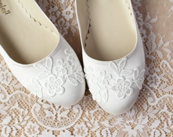 Wedding Flat Shoes Ivory Satin Bridal Ballet Flats with Lace Guipure Bride Engagement Special Night Size 9 (US)