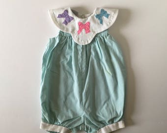 Vintage Pastel Bow Romper Missing Snap (12 months)