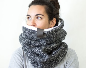 Chunky knit cowl scarf, Snock®, wool knit cowl with soft faux lamb lining