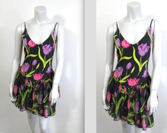 Vintage 80s Betsey Johnson Punk Label Ruffled Hem Tank Dress L