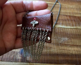 Tribal Leather Jewelry - Silver Bee Charm- Talisman Pouch Necklace - Soft Dark Brown Leather - Amulet Bag Necklace