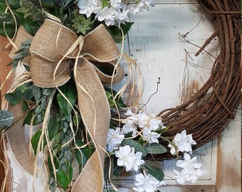 Front Door Wreath, summer wreath, spring wreath, Burlap Wreath, Door Wreath, vintage Wreath, wedding wreath, farmhouse wedding