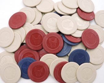 Lot of 53 Vintage 1930's era Boston Terrier Poker Chips - Po Do Peau Doux Embossed Plastic Chips - Red, White, Blue
