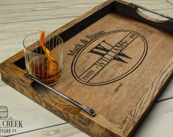 Personalized bourbon barrel head serving tray, wine barrel tray, personalized wedding gift, personalized wood tray, monogramed tray
