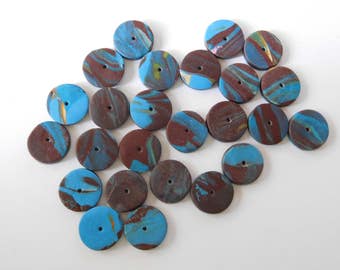 Polymer Clay Disc Beads, brown and blue flat spacer beads, set of 26