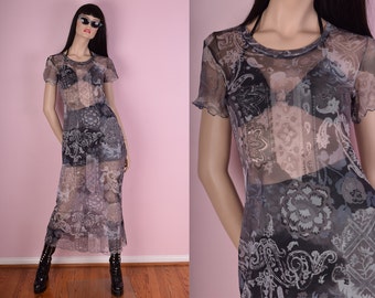 90s Paisley Mesh Maxi Dress/ Small/ 1990s/ Sheer/ Short Sleeve/ Printed