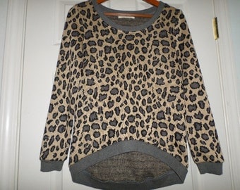 90s Blouse Top Leopard Print Brown Gray Light Sweater Tunic Top Long Sleeve Animal Print Small 34
