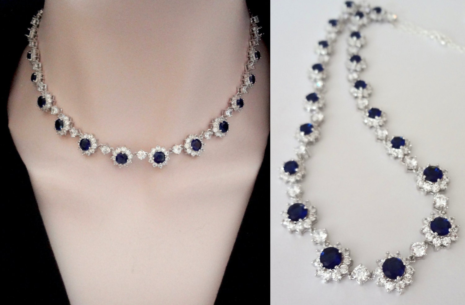 Bridal Jewelry Blue Sapphire Necklace Cubic Zirconia's