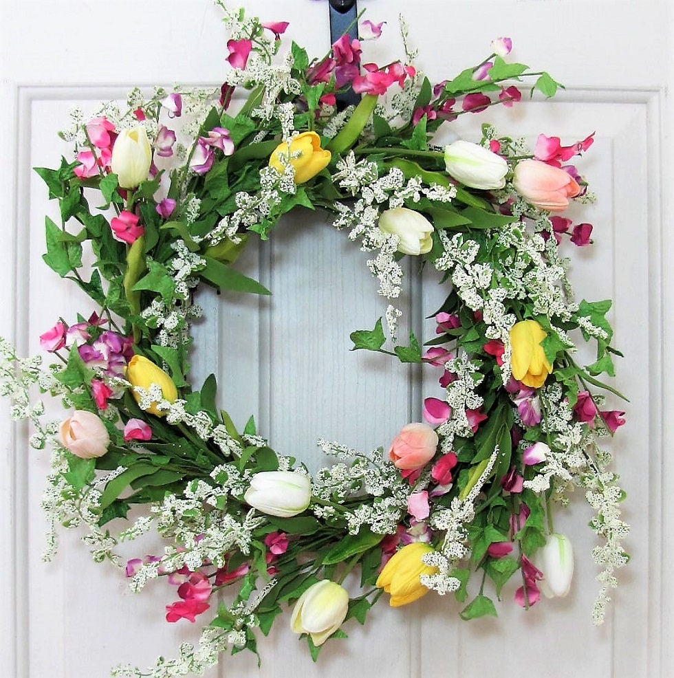 Spring Wreath - Farmhouse Wreath - Spring Front Door Wreath - Tulip Wreath - Easter Home Decor - Spring Flower Wreath - Floral Easter Bunny