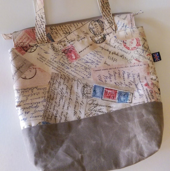 Vintage Postcards Tote BagLetters HandbagWaxed Canvas and