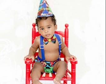 cake smash outfit in avengers with blue, birthday diaper cover suspenders tie party hat, cake smash first birthday outfit superheroes