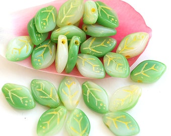 12x7mm Spring Green Leaf beads, Mixed Green with Yellow Inlays, Czech glass pressed leaves - 25Pc - 2911