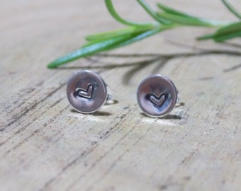 Tiny heart stud earrings / tiny sterling silver stud earrings / rustic silver earrings