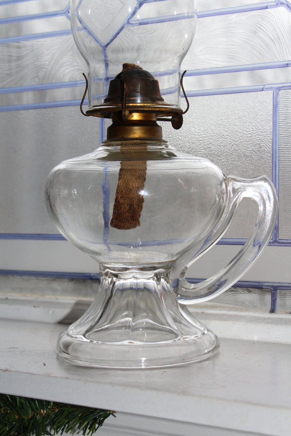 Antique Pressed Glass Oil Lamp with Handle Early 1900s Farmhouse Decor