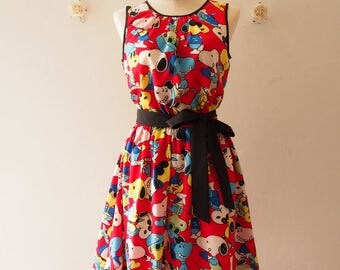 50% OFF Sale Vintage Retro Sundress Snoopy Dress Gift for Her Red Summer Dress La La Land Inspired Dress Tea Party Dress