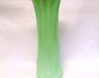 Westmoreland Paneled Grape Green Milk Glass Swung Vase, 12 Inch