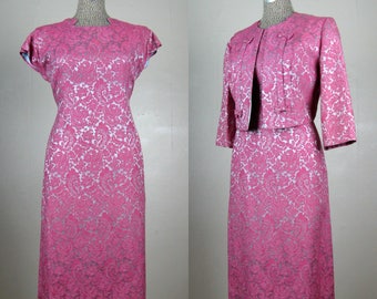 Vintage 1950s Dress and Jacket Set 50s Pink and Silver Cotton Brocade Dress Suit Size M