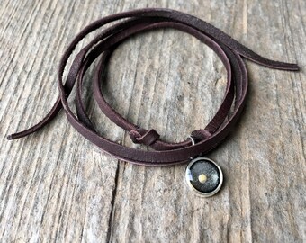 Tiny Silver Round Mustard Seed Faith Leather Wrap Bracelet