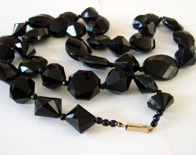 Long Faceted Black Lucite Bead Necklace Large Geometric Multi Shape Beads Vintage Jewelry Jewellery