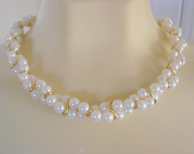 Vintage Trifari Faux Pearl Goldtone Rope Twist Necklace Designer Signed Jewelry Jewellery
